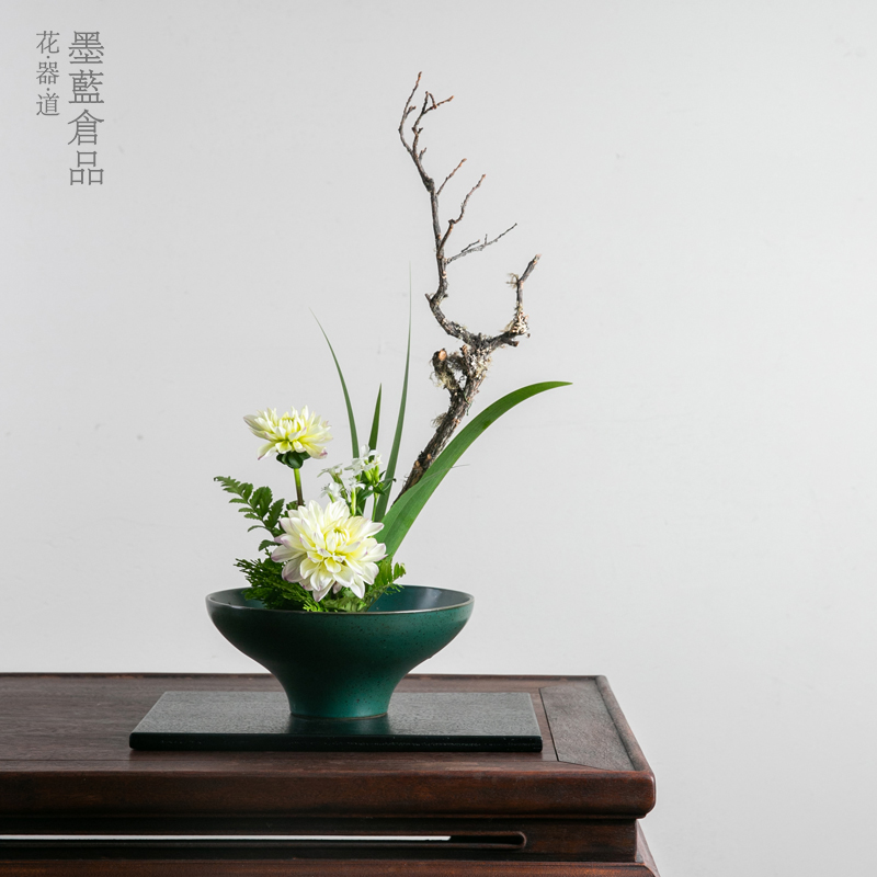 孔雀绿高足盘插花花器o 中式插花器皿日式花道花盆禅意斗笠碗花盘