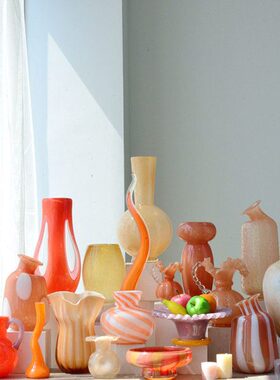 现代简约玻璃花瓶家居客厅插花装饰品花瓶摆件橙色系手工玻璃花器