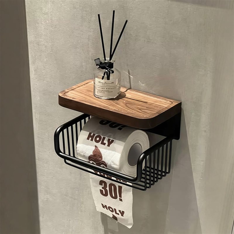 胡桃木化妆室纸巾盒壁m挂式厕所卷筒卫生纸架洗手间简约实木免打