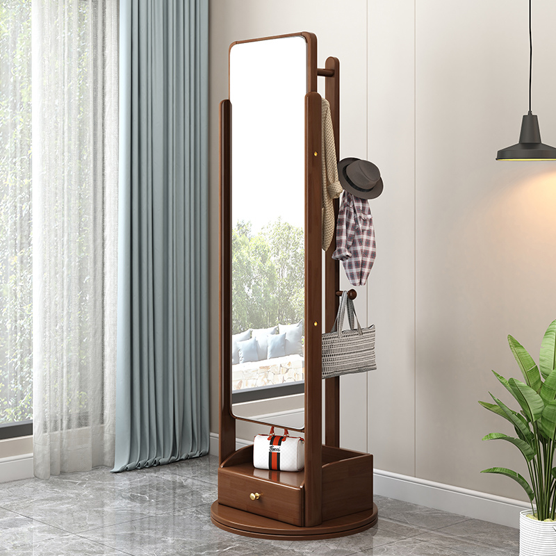 实木穿衣镜带挂衣架衣帽架一体全身镜可旋转家用落地镜卧室试衣镜
