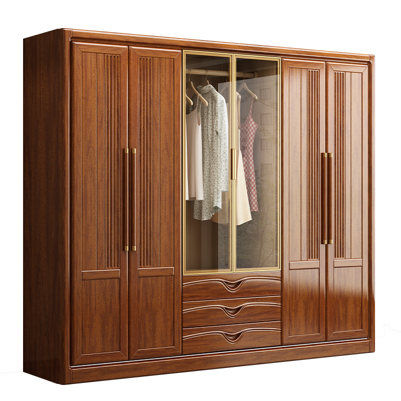胡桃木实木衣柜家用卧室全实木现代简约小户型带玻璃门储物大衣橱