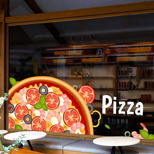 美式手绘披萨玻璃贴纸意式西餐厅门面装饰pizza海报广告氛围贴膜