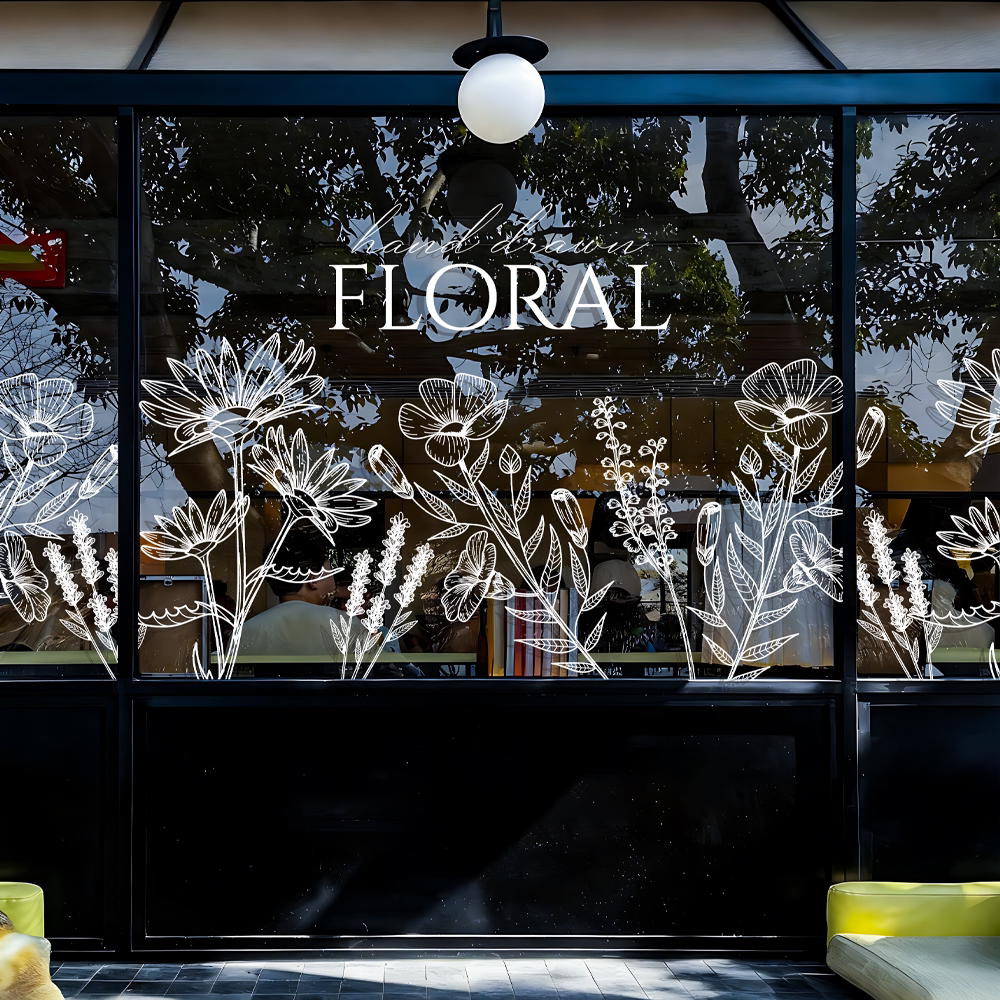 高级感简约线条花朵玻璃贴纸咖啡店服装店落地玻璃美陈静电窗花贴