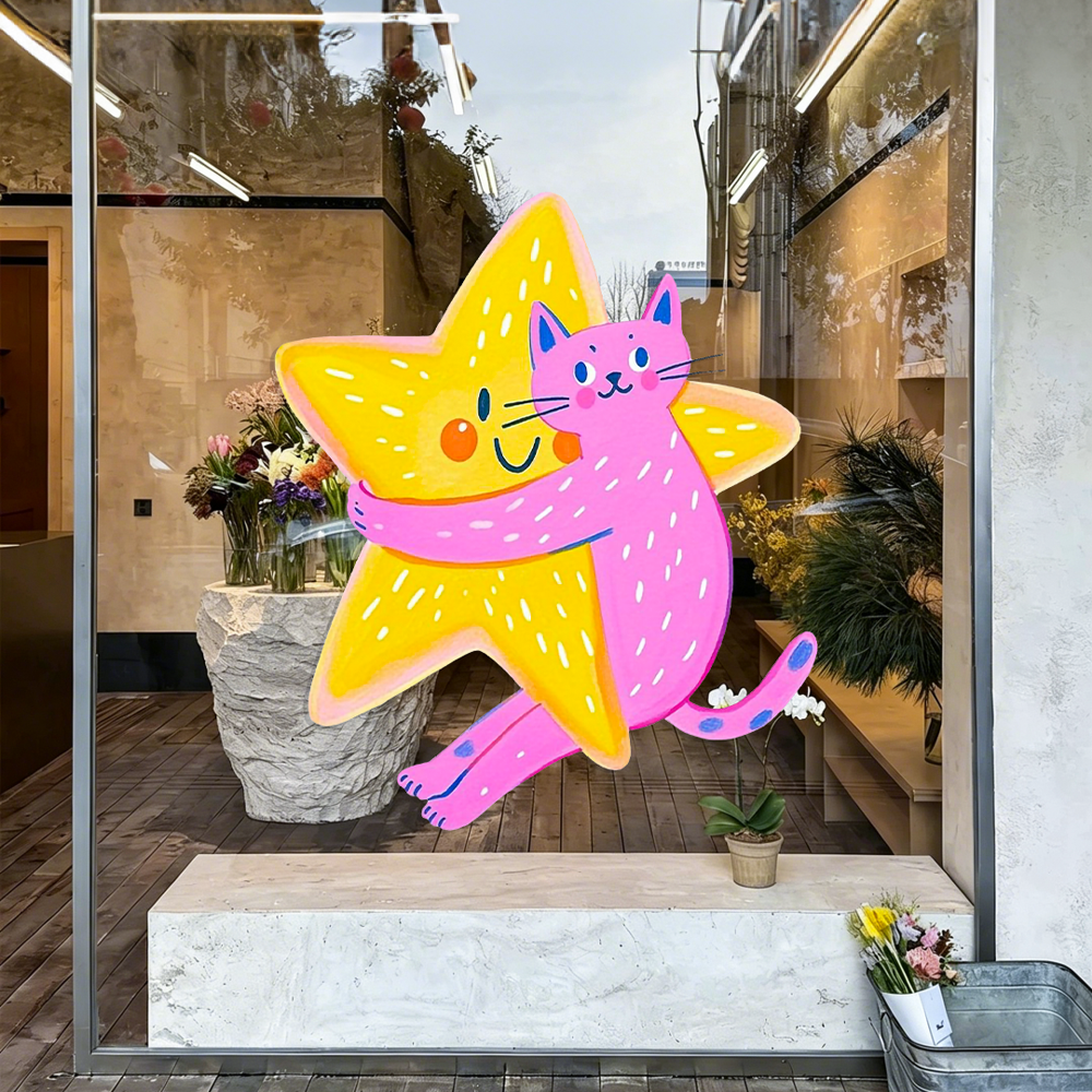 ins星星猫咪玻璃门贴纸可爱卡通门店橱窗装饰花店甜品店网红窗贴