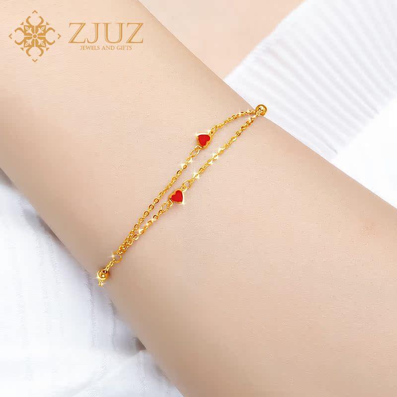 ZJUZ18K金手链玫瑰金韩版AU750红色心形小红心镶嵌手链彩金送女士
