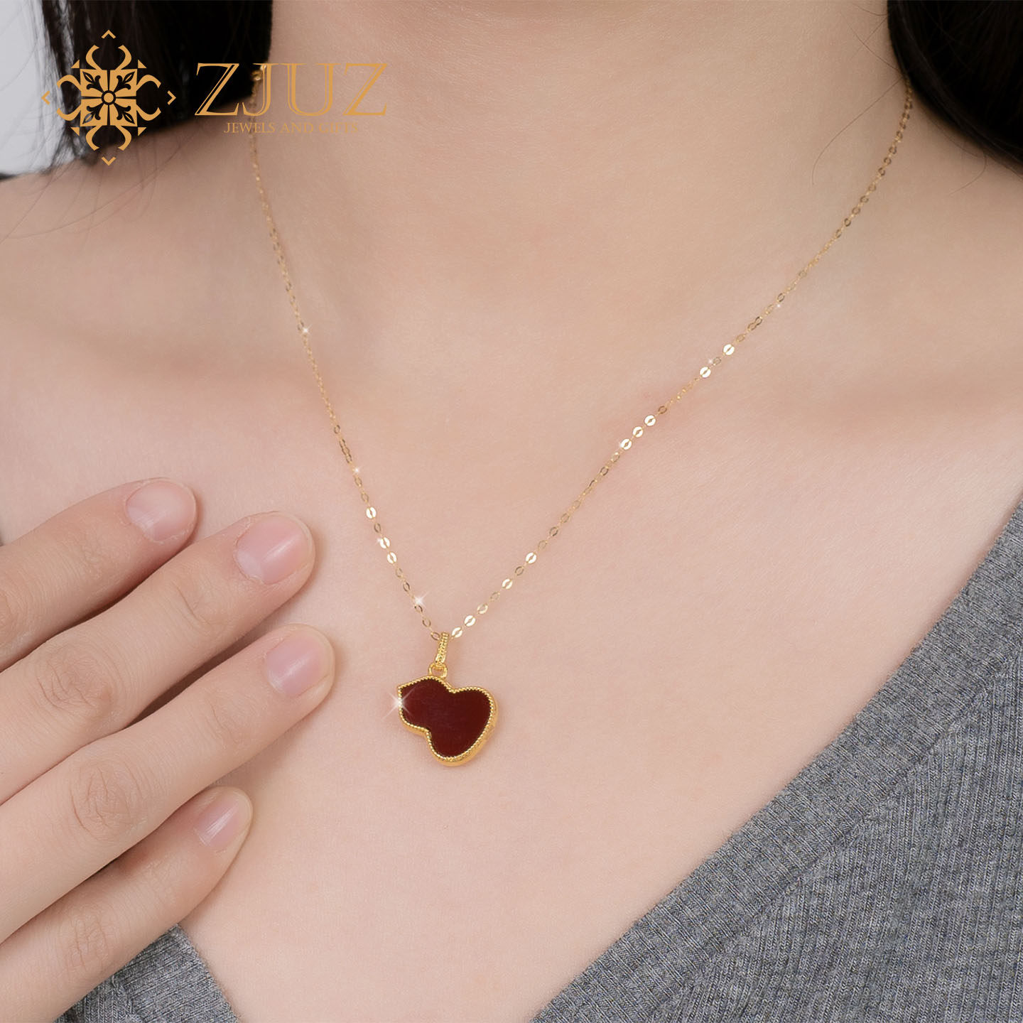 ZJUZ18K金au750彩金葫芦套链玫瑰金黄金玛瑙吊坠项链节假日送女友