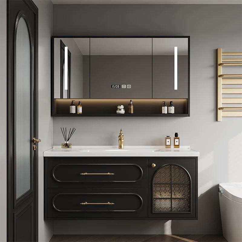 法式轻奢复古浴室柜组合橡木卫生间F洗脸池陶瓷一体盆左右格洗漱