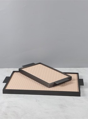 现代极简几何金属皮革香薰装饰托盘卧室玄关O售楼处电视柜家居饰