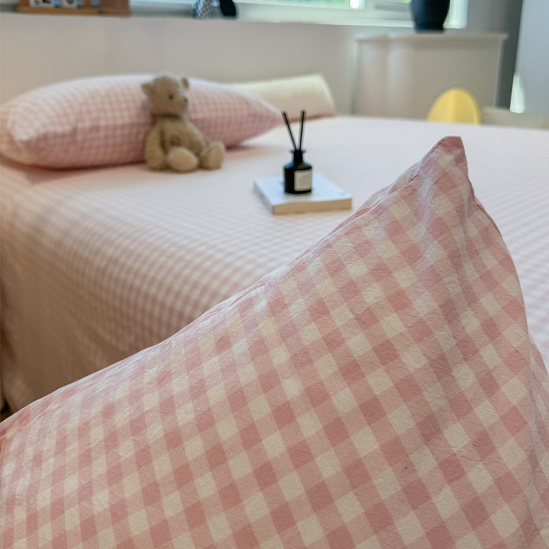 简约浅粉床单单件100全棉2024新款格子家用裸睡Y被单三件套
