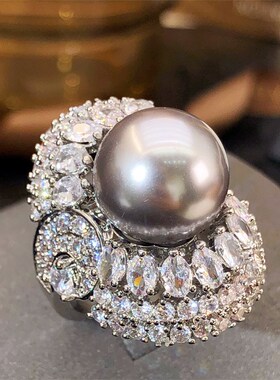 大溪地色珍珠戒指大颗食指戒高级感个性气质J锆石轻奢2024年新款