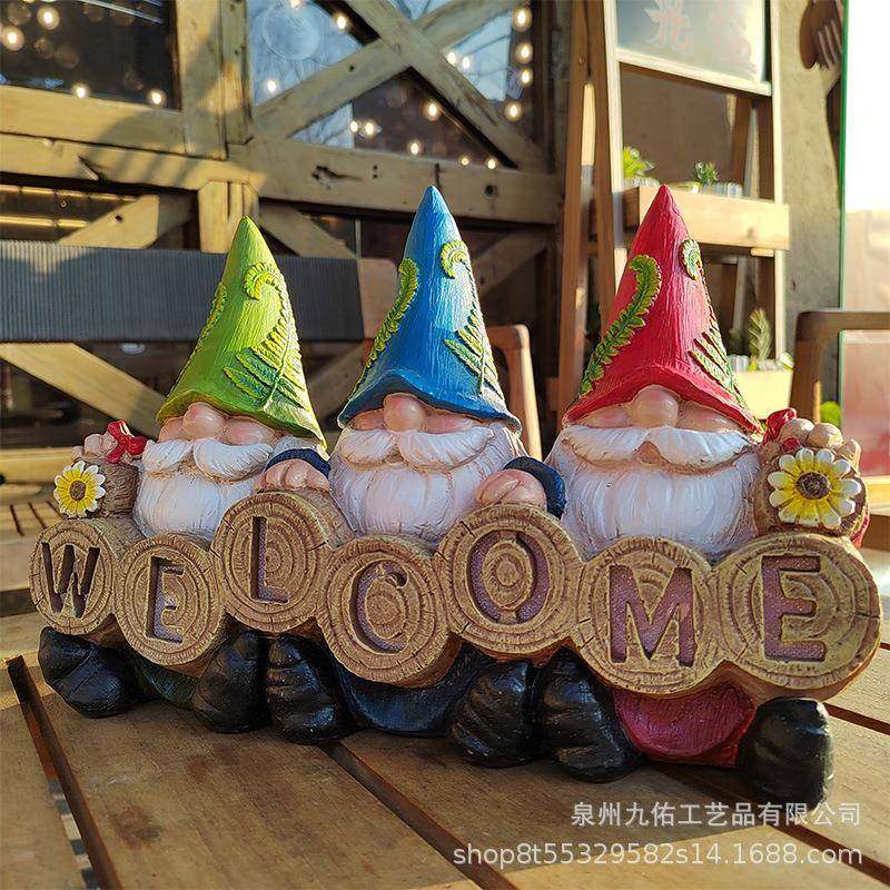 树脂欢迎牌矮人花园侏儒阳能JY2033TWLED户外太装花饰园灯摆件雕