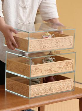 新中式置楠竹茶具收纳柜璃防尘分离式展86108示物多功能玻璃柜玻