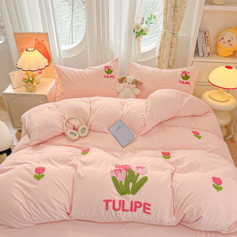 新款卡通水洗云朵棉立体毛巾绣被套四件套床单床笠款单人床三件套