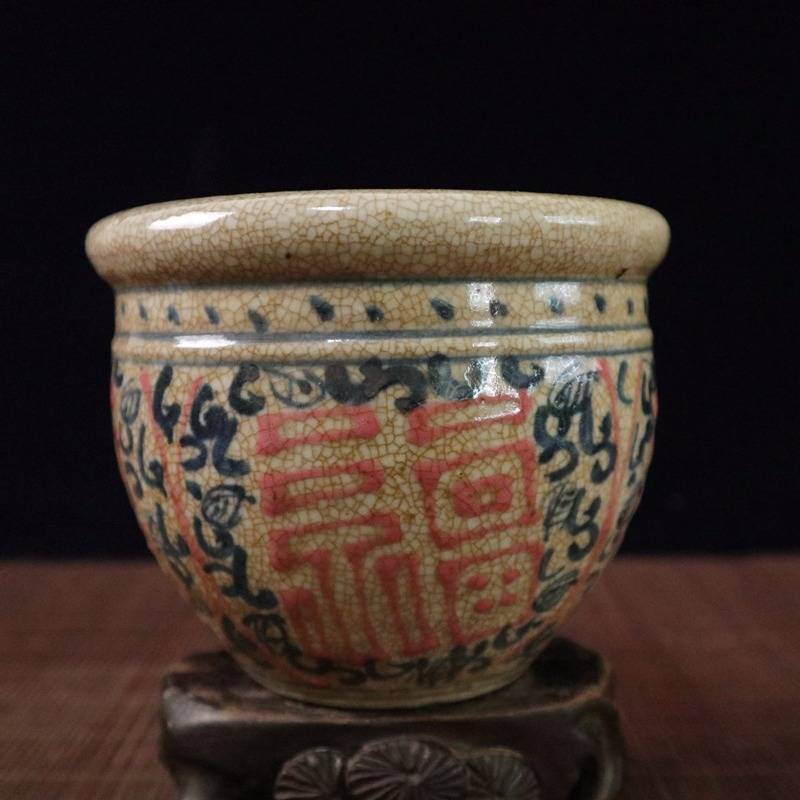 厂家古玩做旧仿古陶瓷工艺品开片青花缠枝莲鱼藻狮纹天字罐缸摆件