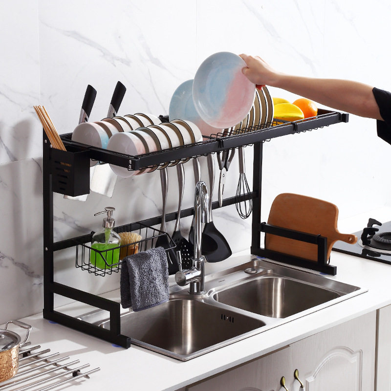 跨境304不锈钢黑色沥水架 水池碗碟架厨具收纳架子厨房水槽置物架