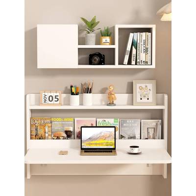 悬空脑挂191式壁墙上折叠书桌电桌实木连墙桌尾书柜床一体床头学