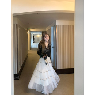 描边线迹纱裙2025年秋季 优雅气质高级感A字蕾丝拼接半身裙 新款