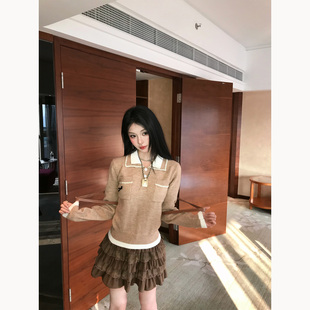 三粒扣针织衫 复古拼色翻领小香风长袖 冬季 钉珠针织上衣2025新款