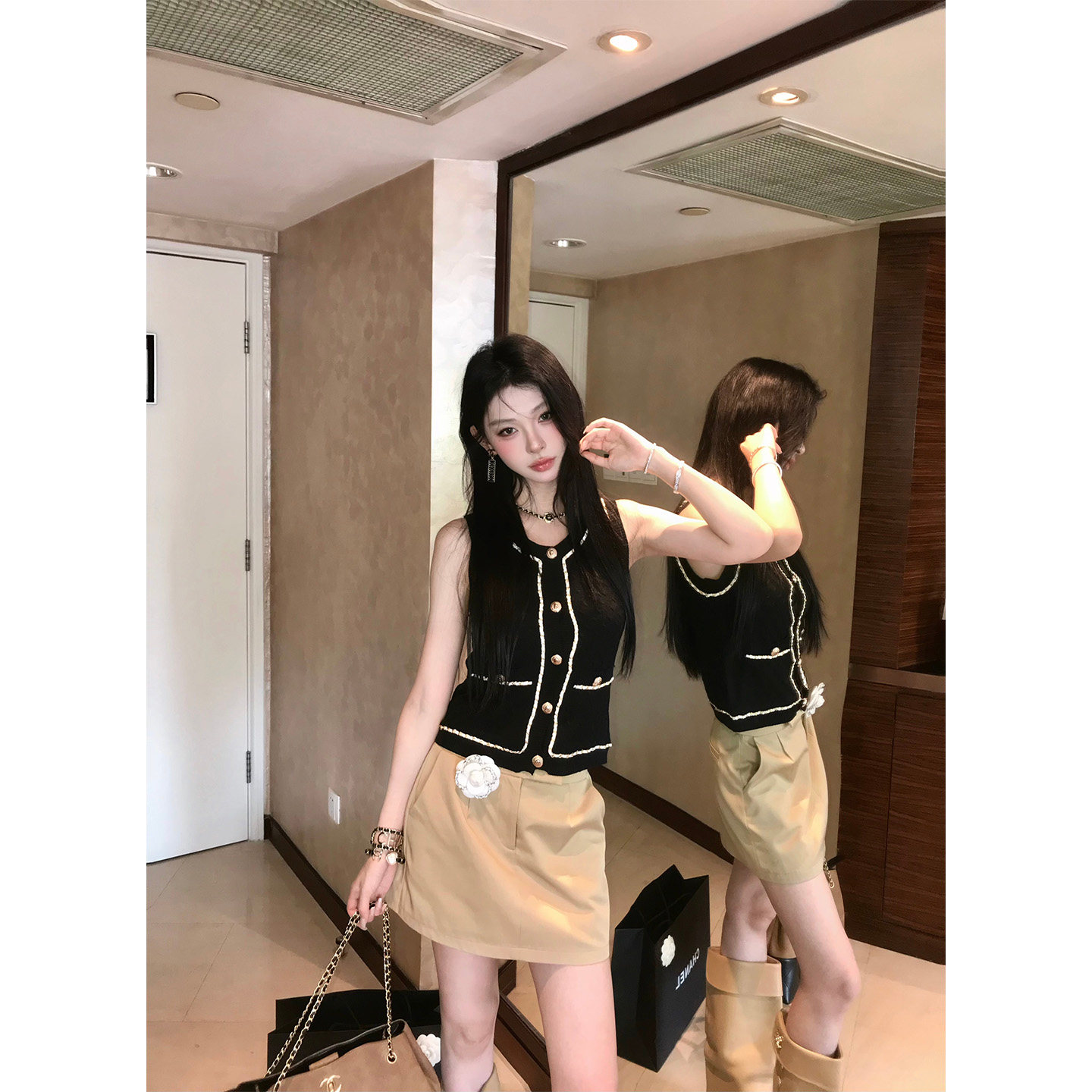 链条针织背心2026年新款春季女士休闲V领无袖开衫针织小香风马甲