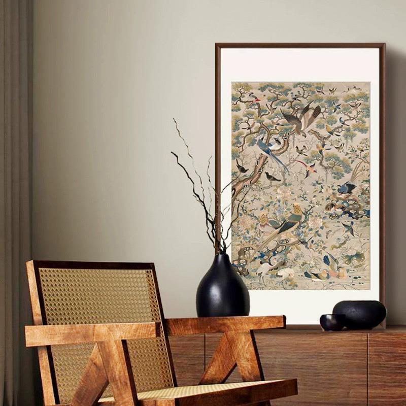 花鸟祥和图玄关法式中古风餐厅装饰画新中式客厅挂画复古艺术国画