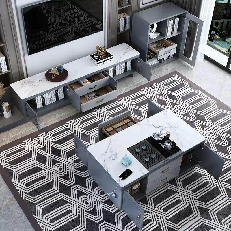 多功能电动升降茶几现代岩板智能功夫茶台带烧水壶茶桌伸缩电视柜