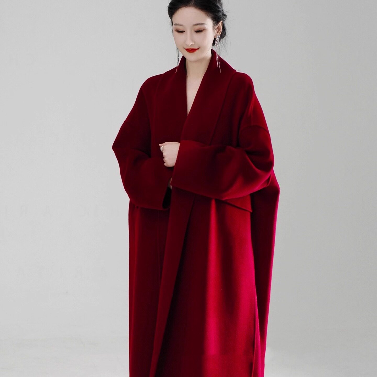 时髦气质围裹式新年红玫瑰高级感极简双面羊绒羊毛大衣女毛呢外套