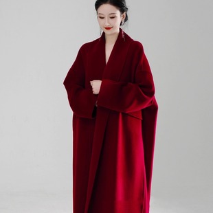 时髦气质围裹式新年红玫瑰高级感极简双面羊绒羊毛大衣女毛呢外套