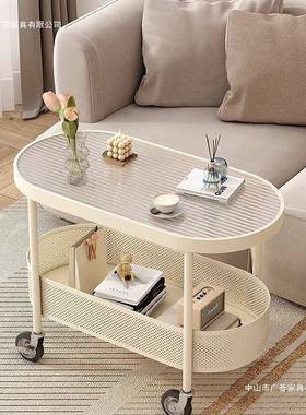 奶油风现代小户型客厅移动茶ORC几沙发边侧简玻璃带轮约纳小推收车