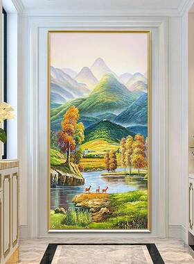 纯手绘油风景山水巨人山轻奢聚宝盆玄关饰装画竖版BZX道走画廊过