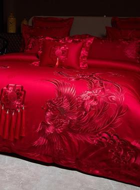 中式大2红10支全棉贡缎提花长床绒棉绣婚庆四件刺套结婚4龙凤HFT