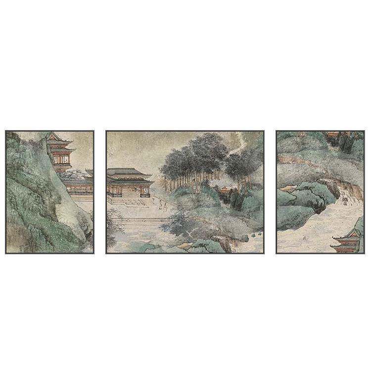 新中式三联国画山水画禅意客厅装饰画中国风茶室壁画大气书房挂画