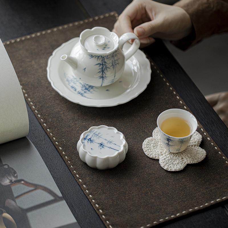 盖手配绘青花竹道逸花朵盖置茶件mjtc茶壶紫砂壶子盖托放置盖子垫