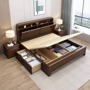 胡桃木高箱储物床实木双人床中式实木床2米x2米2全实木卧室箱式床