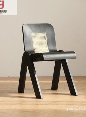 轻奢中古藤19575椅子实木靠背餐椅编室家用创意子卧椅单人复古休