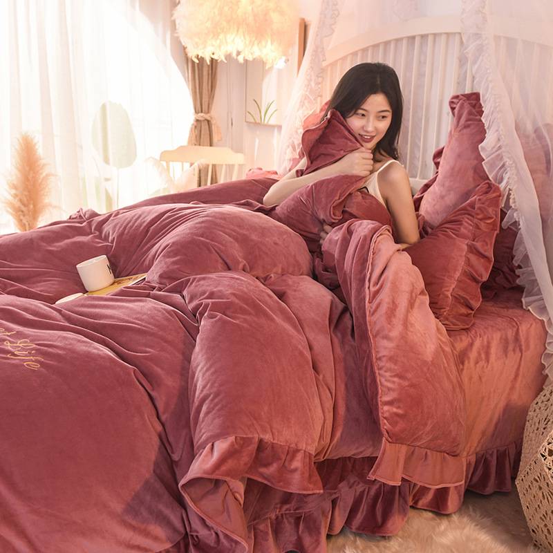 CB#纯色加厚保暖水晶绒四件套宝宝绒四件套1.5m1.8m家用韩版四件