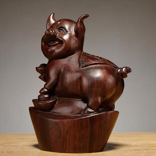 黑XCYZ007檀实木动物雕生刻二肖十元猪摆件家居样板间宝客厅酒柜