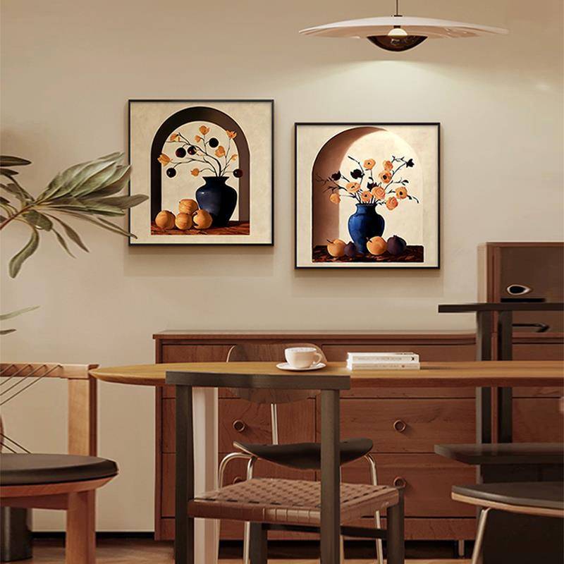拱形中古风花卉餐厅装饰画美式复古油画静物橘色水果花瓶组合挂画