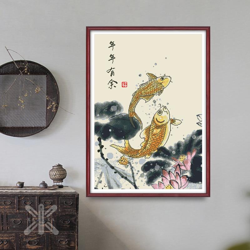 十字绣年年有新款客厅玄画HYueewxk关竖版锦鲤字绣水余墨风景手工