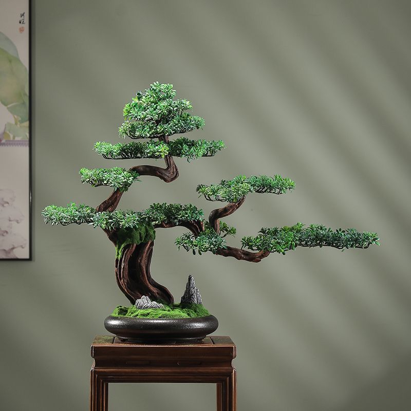仿真迎客松盆景客厅玄关办公室茶桌绿植盆栽罗汉松装饰新中式摆件