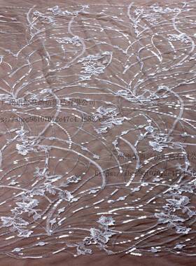 米BVQ白色网底刺绣亮片乱面料礼时尚婚纱服舞台族服纹装民蕾丝面