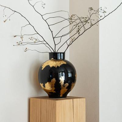 高圆端法式中箔古手工金CZF陶陶瓷复古罐大花瓶大肚花器软装饰品