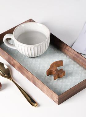 样创饰意家用OHO胡桃透明压花玻璃实板木托盘复古茶盘房装桌面收