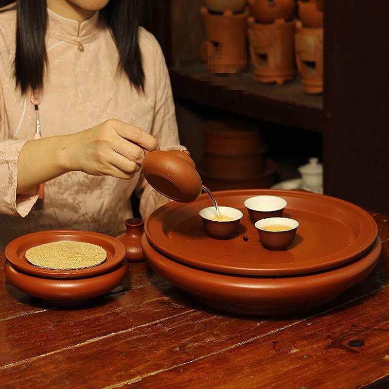 潮纯州拉紫F8756969砂茶船中古铜钱朱泥式茶盘手壶承家用大号茶盘