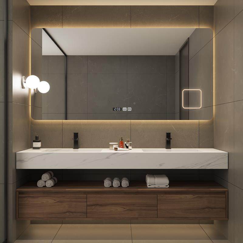 W7轻奢风岩板一体简盆木浴室柜939组合约台洗手池卫生间洗漱盆智,家装主材,浴室柜,淘宝优惠券,粉丝福利购,淘宝优惠卷