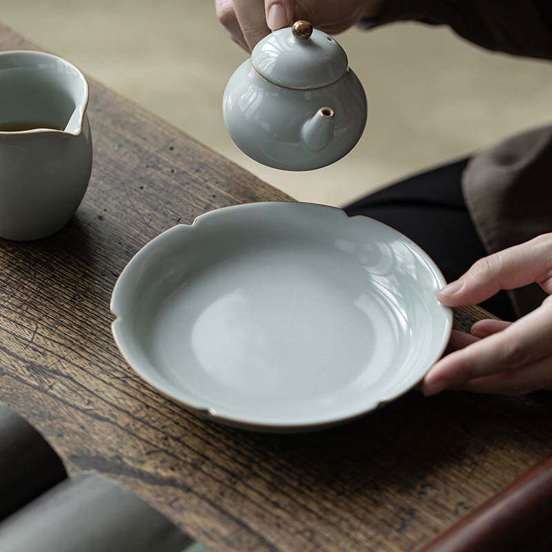 明泉茶斋中式汝窑葵口壶承单层紫砂壶养壶垫茶承茶壶托家用干泡盘