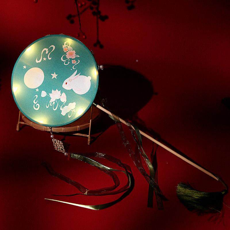 风带灯双面舞团扇秋节复古圆形灯笼JTL汉服木柄跳蹈宫灯花中发光