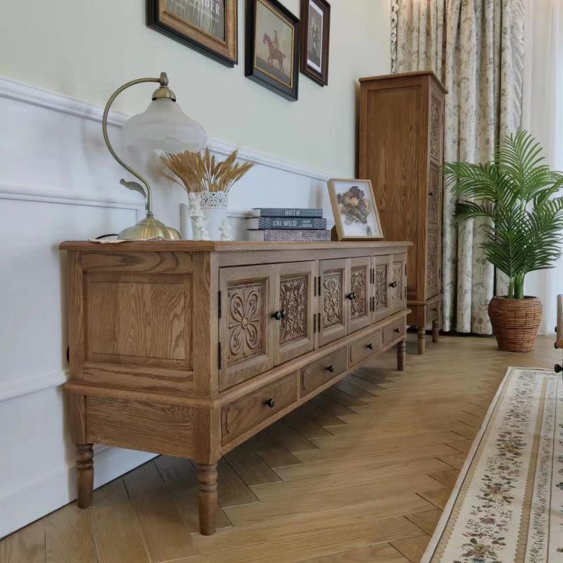 美乡村实木视雕花电柜收组合复古田园风橡木XKC客厅纳式柜民宿长