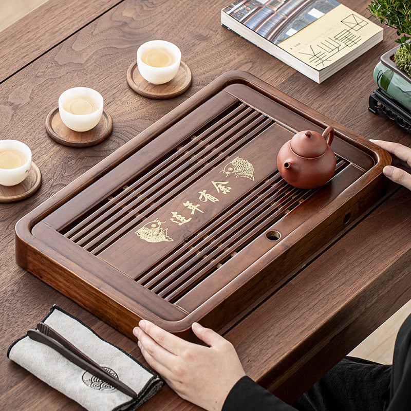 实木茶盘家用中式茶具配件茶托盘蓄排两用干泡台新款小茶台胡桃色
