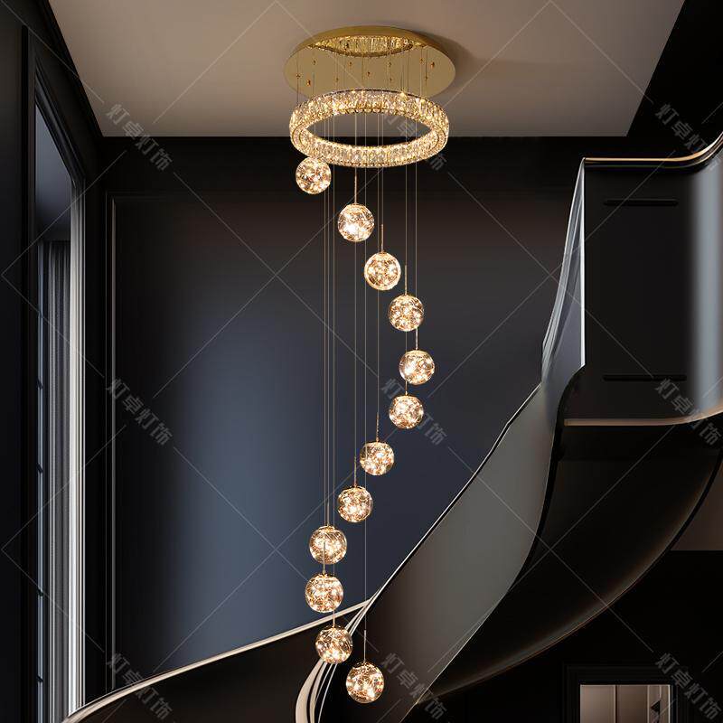 轻奢别墅楼梯间长吊灯自建房吊顶水晶灯现代简约挑空复式楼大吊灯