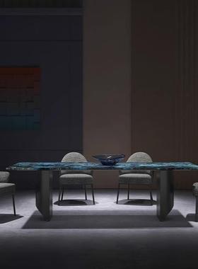 进IXE口长方大形墅别蓝翡翠意大利设计师餐桌理石奢意式天然华石